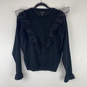 QED London Women's Pullover Ruffled Sweater Size S Black Crewneck Long Sleeve